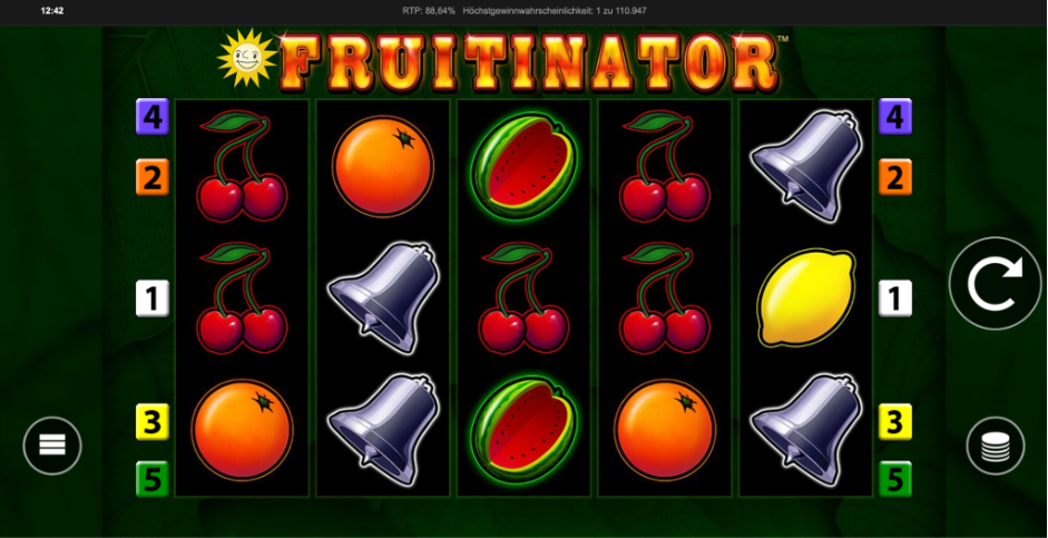 Fruitinator Slot Spieloberfl&auml;che mit bunten Fr&uuml;chten